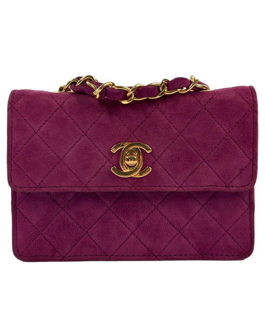 Chanel Vintage 80s/90s Quilted Fuchsia Suede Micro Mini Flap Crossbody Bag w 24K Gold Plated Hardware