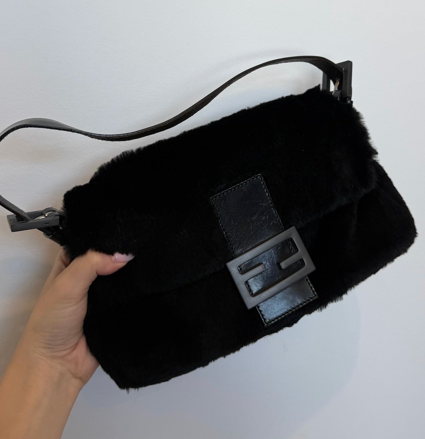 Fendi Vintage Black Rabbit Fur Shoulder Baguette Bag
