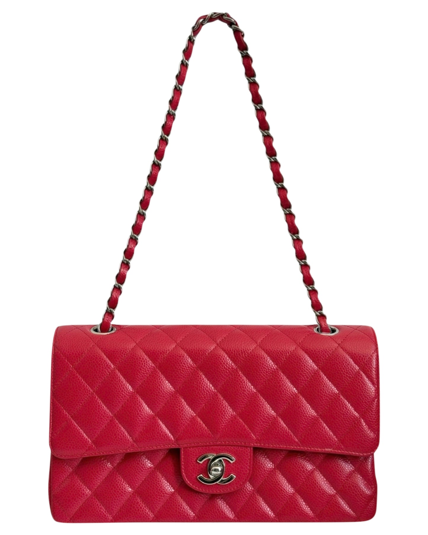 Chanel Vintage 00s Hot Fuchsia Pink Quilted Caviar Medium Classic Double Flap Bag Flap with Silver Hardware