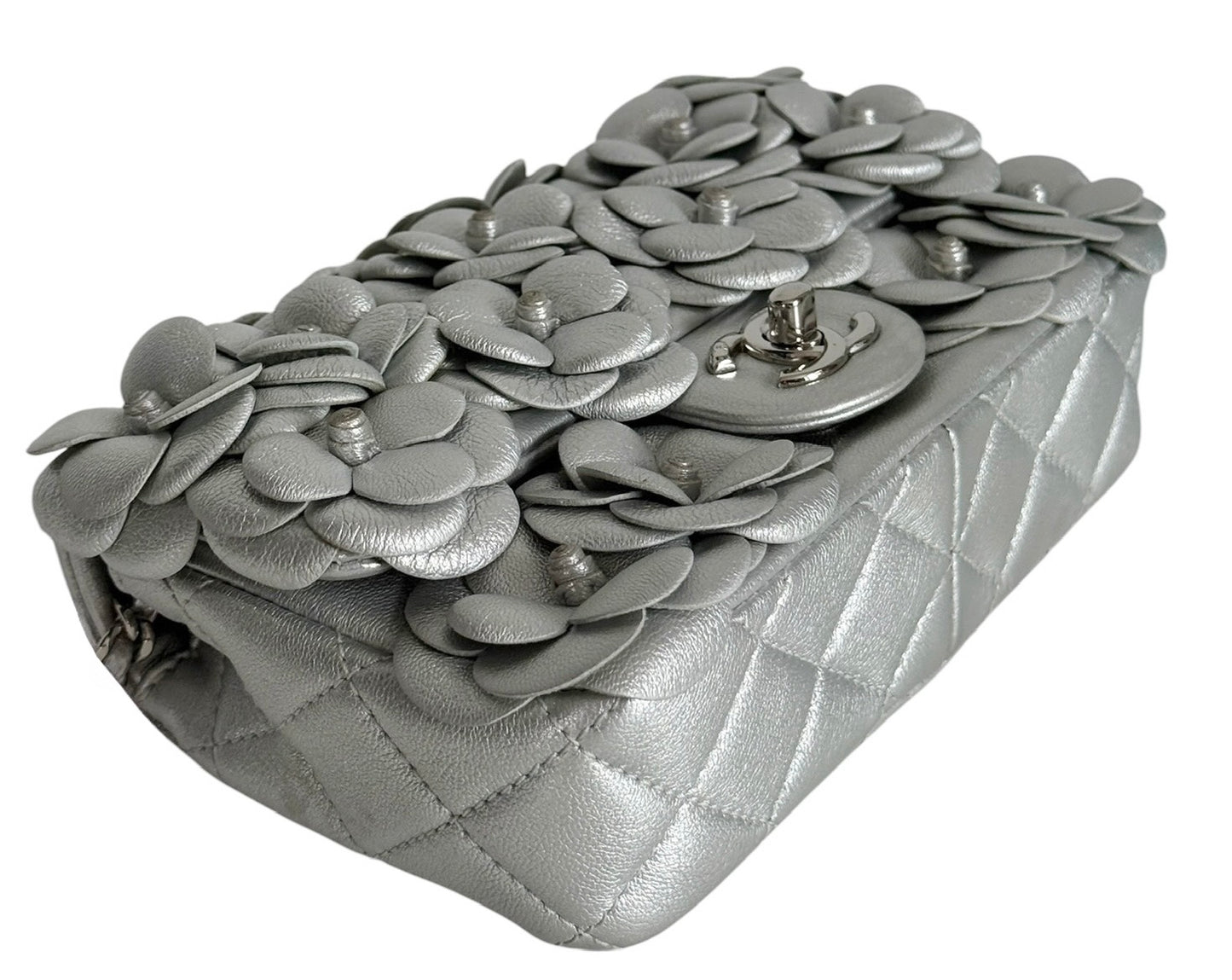 Chanel 2016 Metallic Silver Camellia Floral Lambskin Appliqué Classic Mini Rectangular Flap Bag