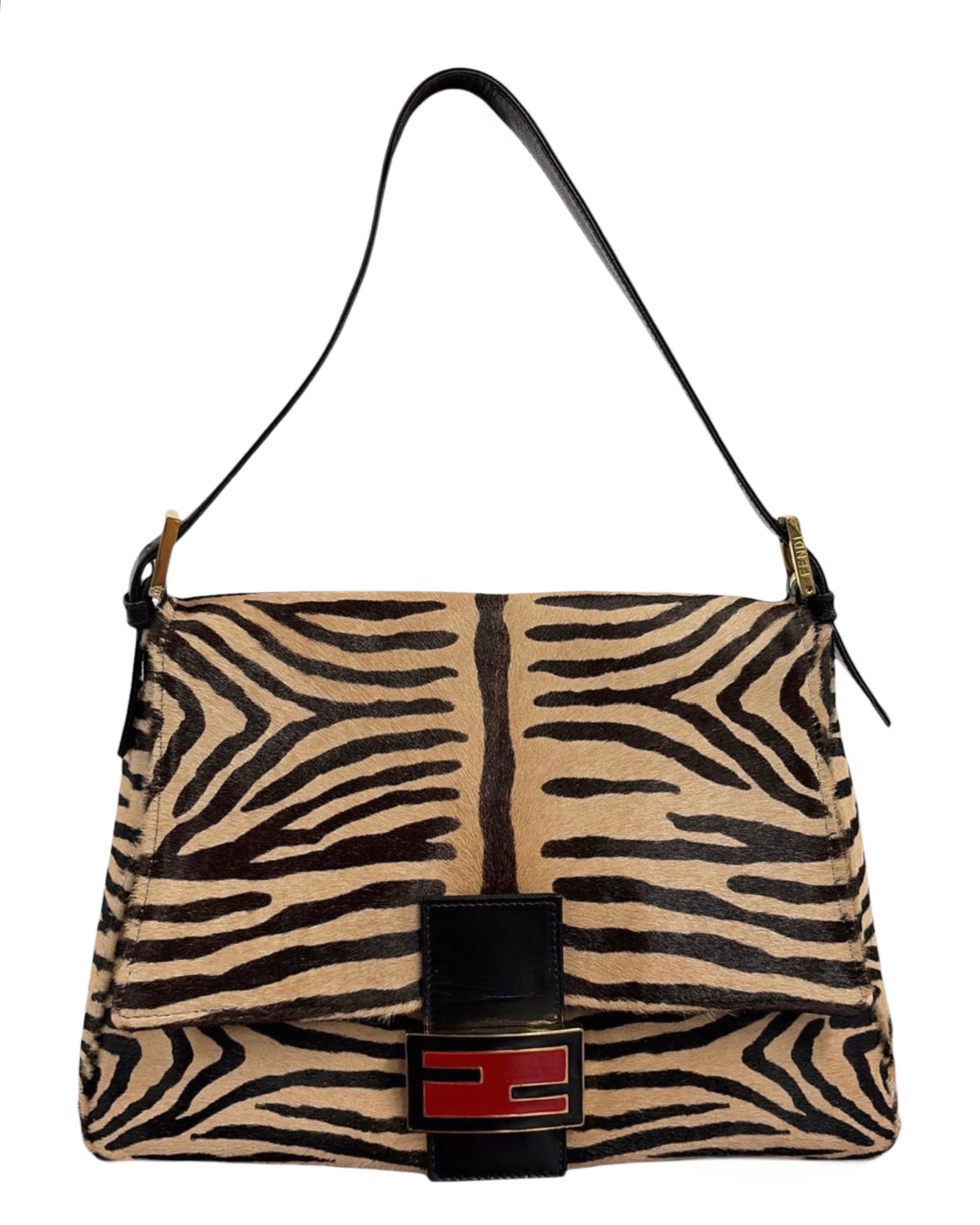 Fendi Vintage Beige Zebra Print Pony Hair Mamma Baguette Shoulder Bag with Red Enamel Trim