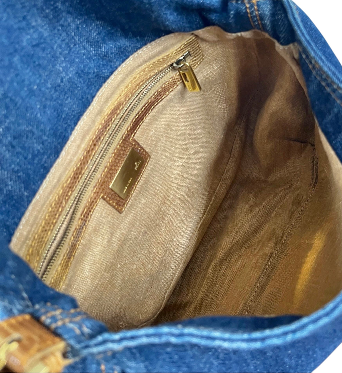 Fendi Vintage Blue Denim Beige Lizard Trim Mamma Shoulder Baguette Bag
