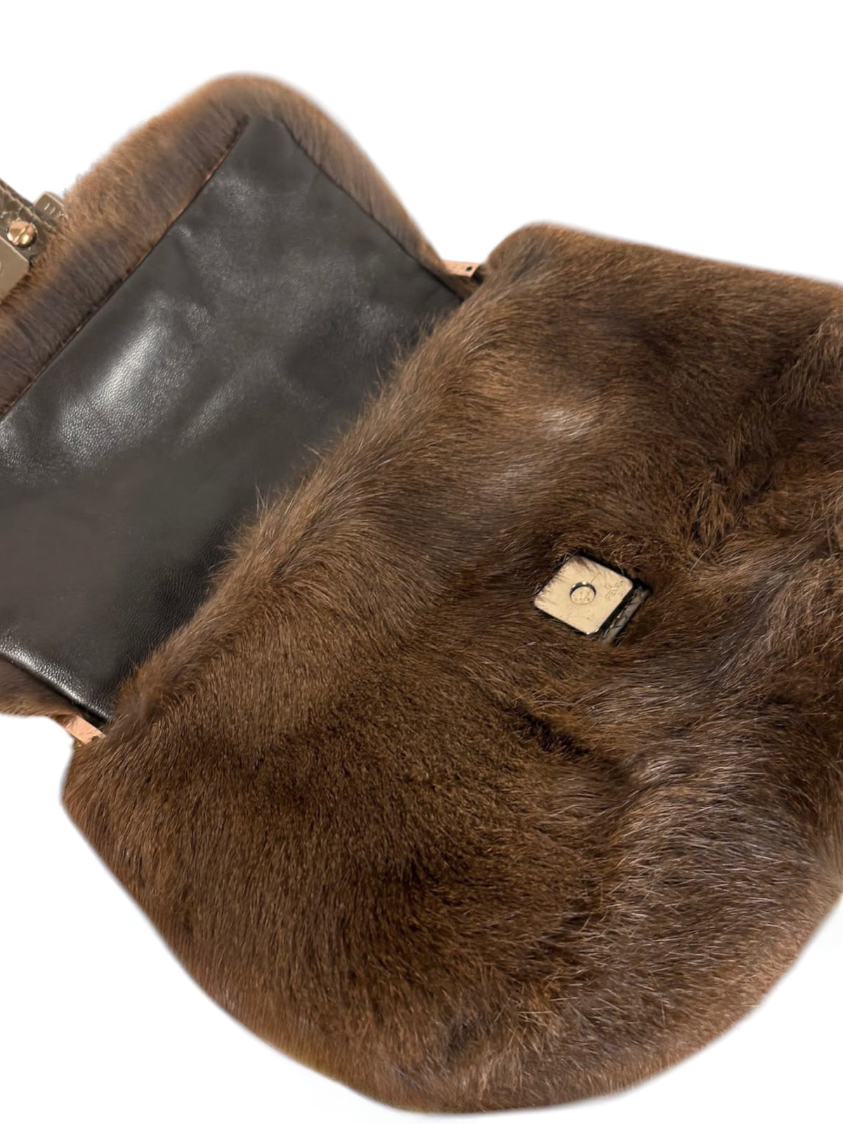 Fendi Vintage Brown Rabbit Fur Python Trim Mini Mamma Shoulder Baguette Bag