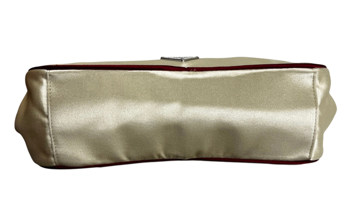 Prada Vintage Ivory with Red Piping Satin Kisslock Mini Top Handle Evening Bag with Mirror
