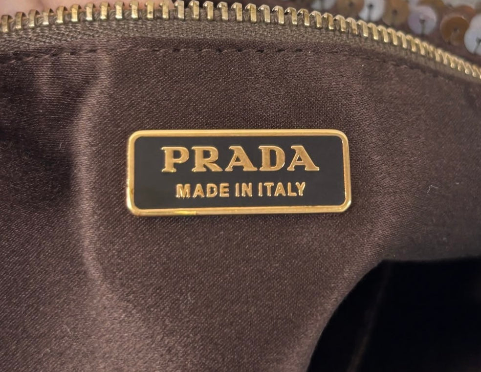 Prada Vintage Metallic Brown Sequin Small Shoulder Evening Pochette Bag