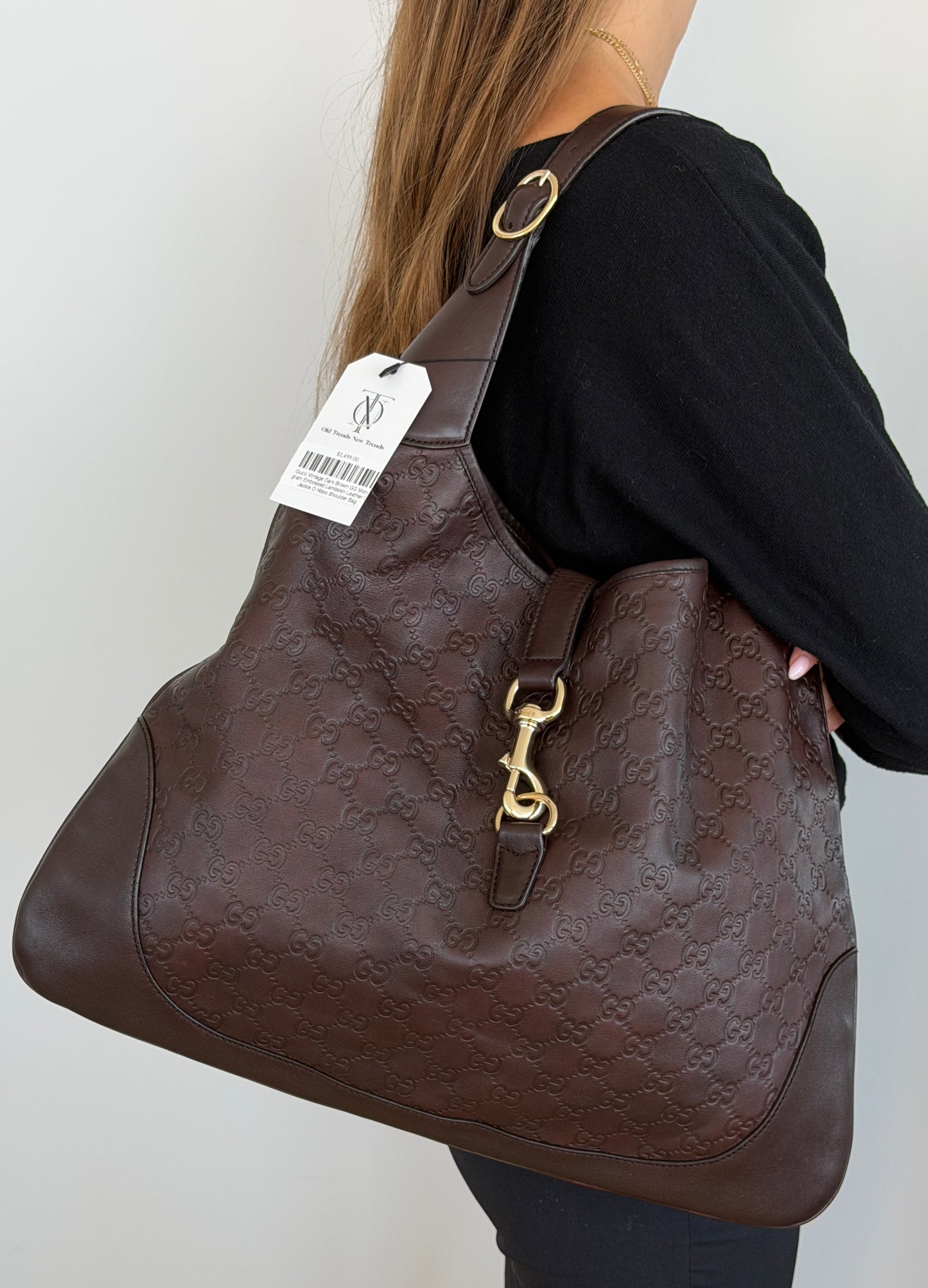 Gucci Vintage Dark Brown GG Monogram Embossed Lambskin Leather XL Jackie O Hobo Shoulder Bag