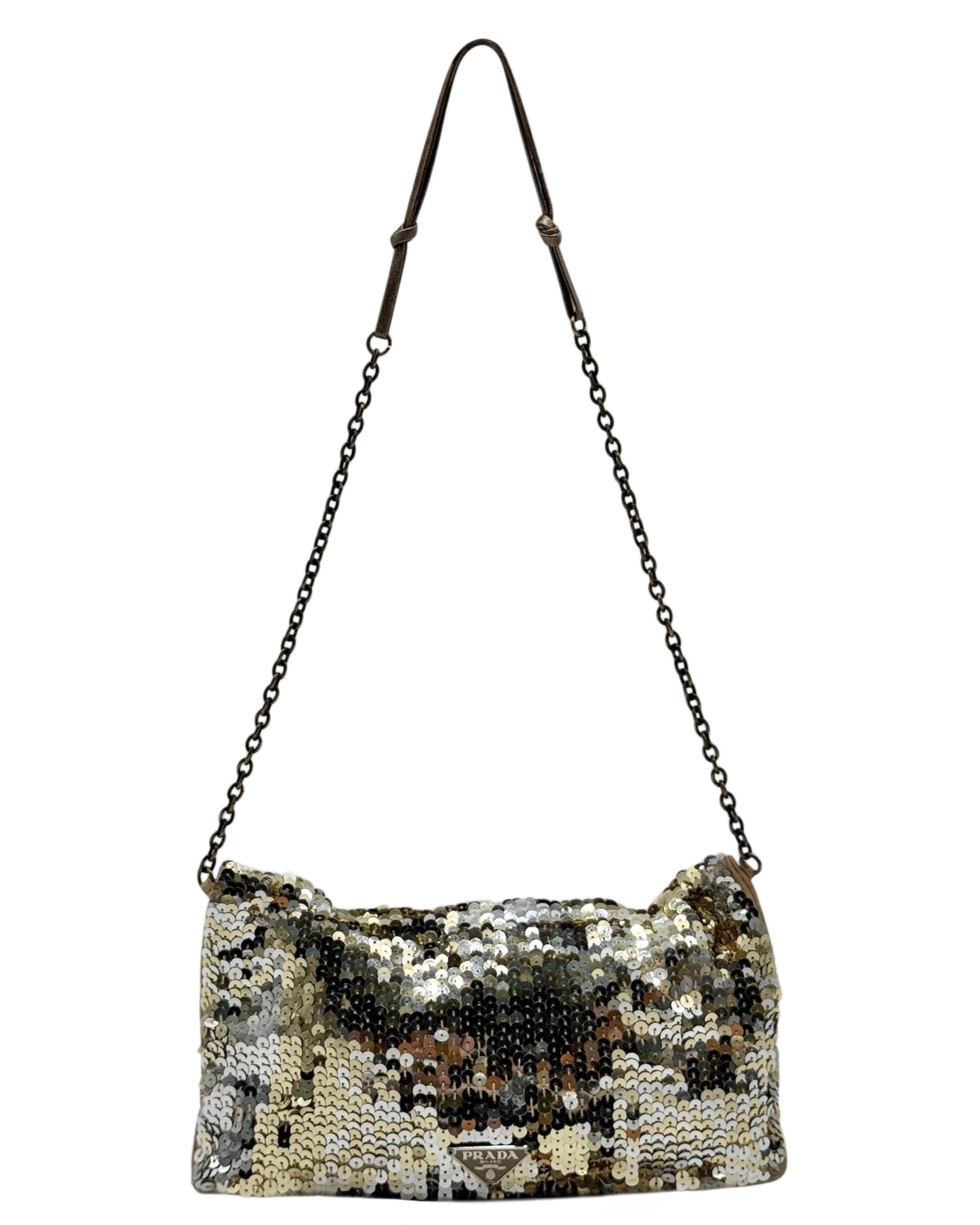 Prada Vintage Gold & Silver Metallic Sequin Satin Evening Shoulder Bag with Mirror