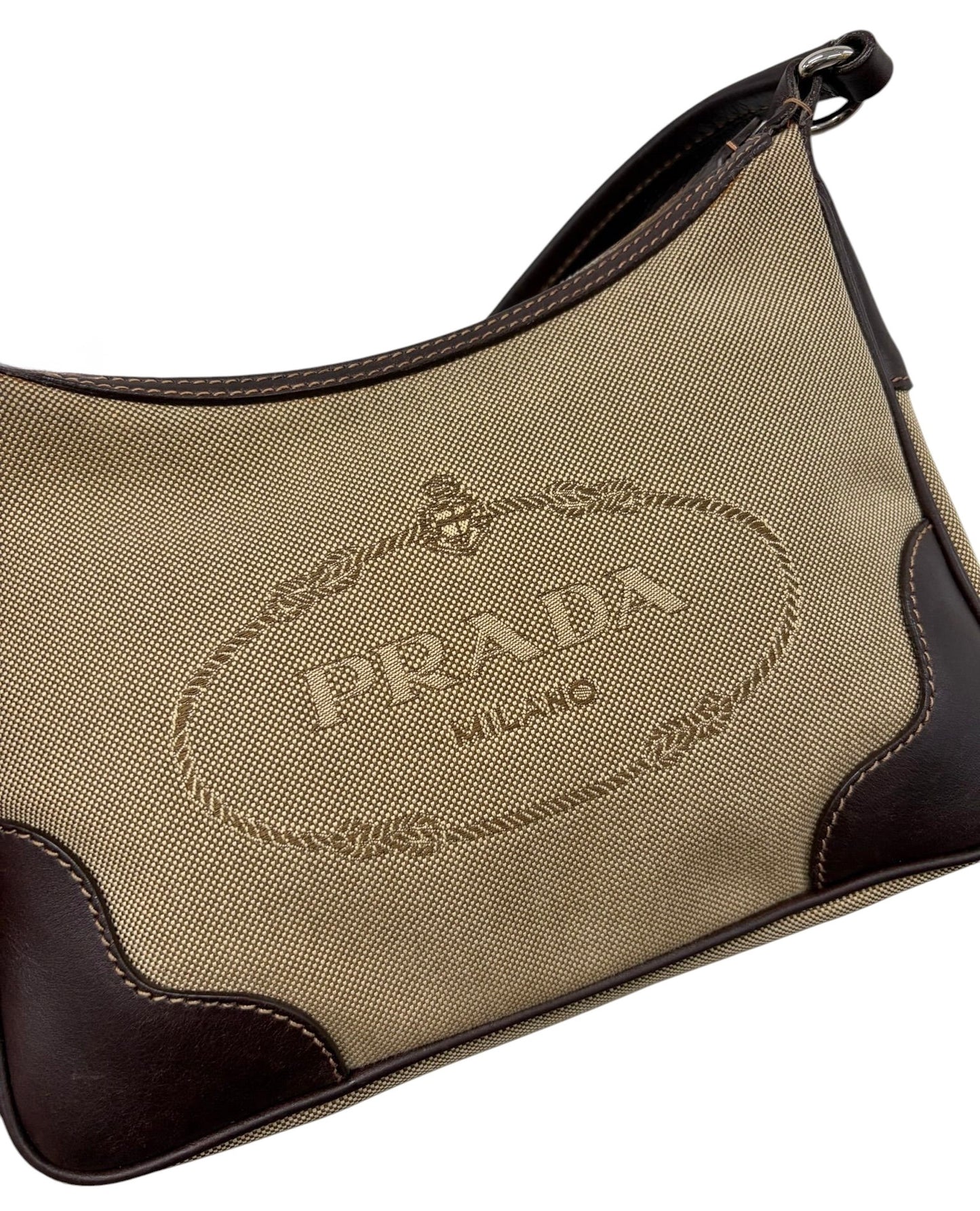 Prada Vintage Brown Jacquard Canapa Canvas Square Shoulder Pochette Bag