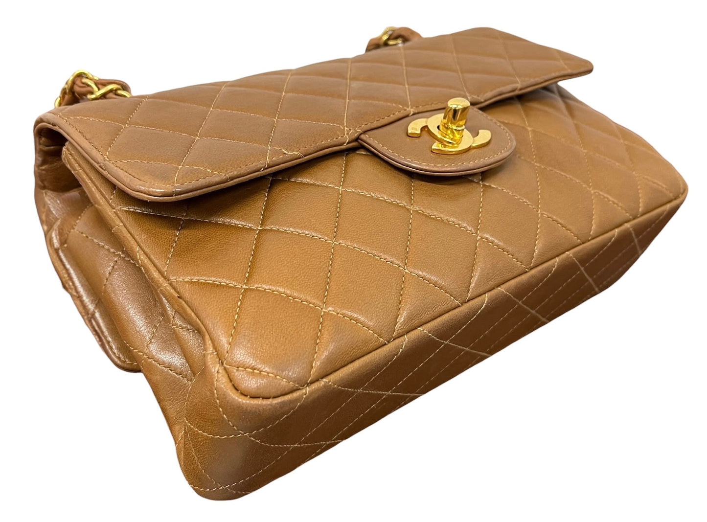 Chanel Vintage 90s Light Brown Quilted Lambskin Small Two-Faced Double Sided Classic Flap Bag with 24K Gold Plated Hardware 