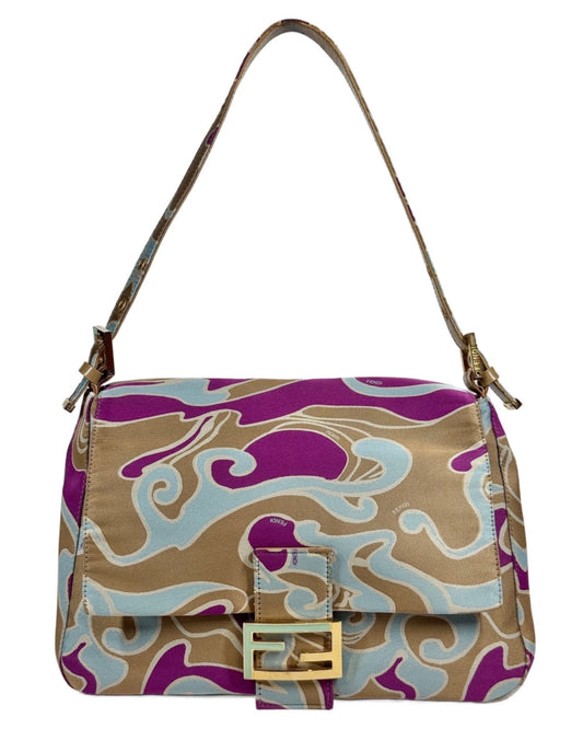 Fendi Vintage Psychedelic Swirl Purple Blue Beige Marble Mamma Baguette Shoulder Bag
