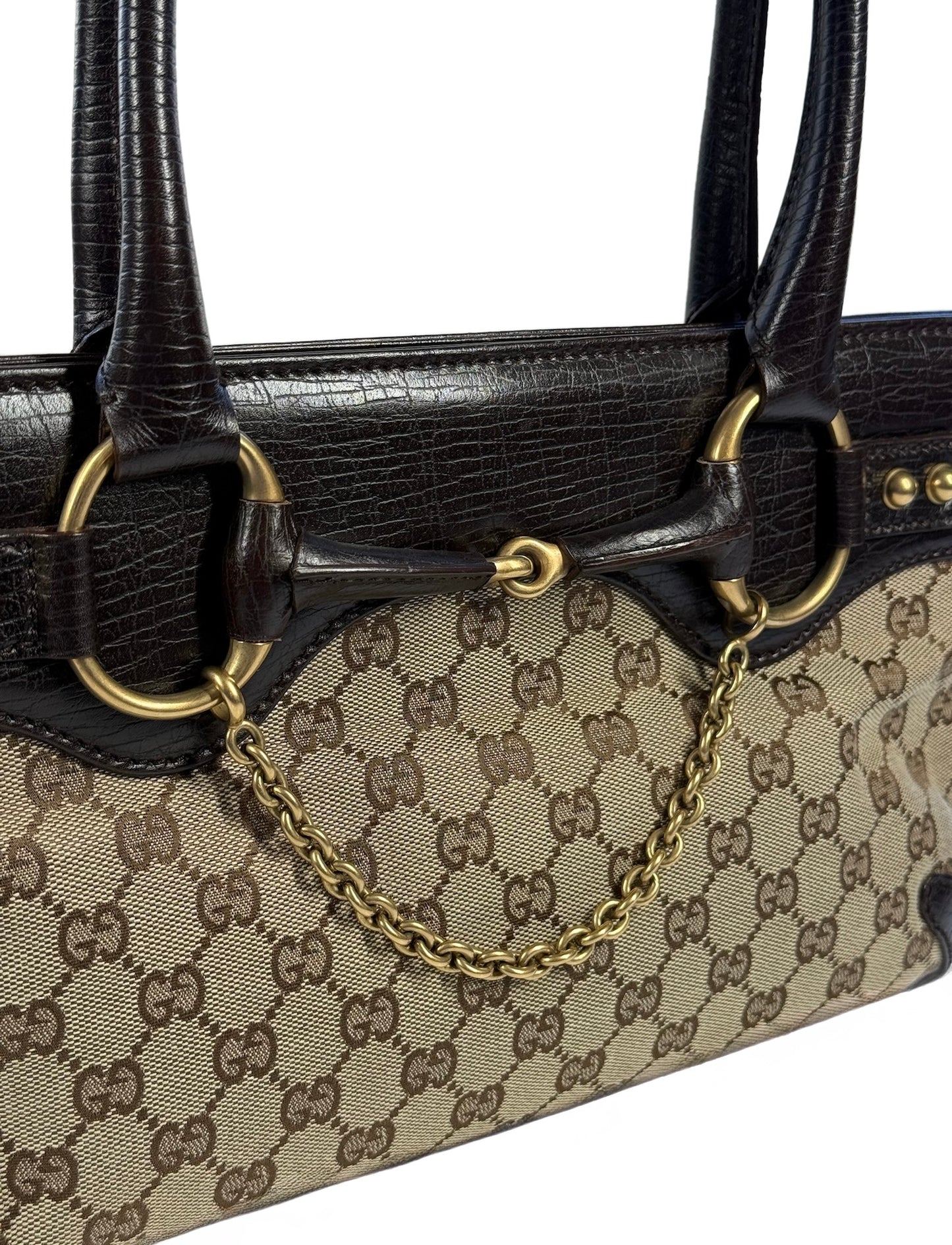 Gucci Vintage Brown GG Monogram Brown Leather Trim Horsebit Small Shoulder Tote Bag