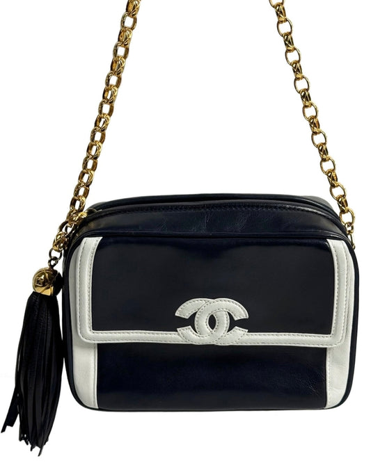 Chanel Vintage 90s Navy Blue White Lambskin Leather Trim Tassel Camera Shoulder Bag