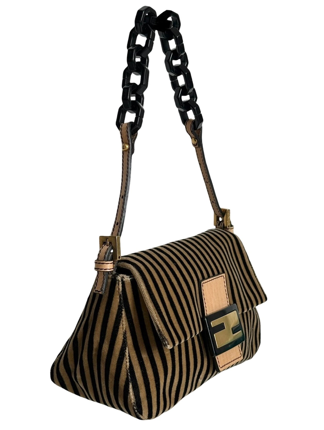 Fendi Vintage Velour Velvet Beige & Black Striped Chain Link Mini Mamma Shoulder Baguette Bag with Acrylic Chain Handle 