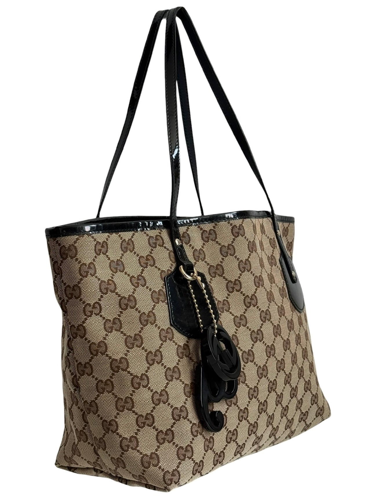 Gucci Vintage Brown GG Monogram Canvas Small Jolie Tote Bag with Black Patent Leather Trim