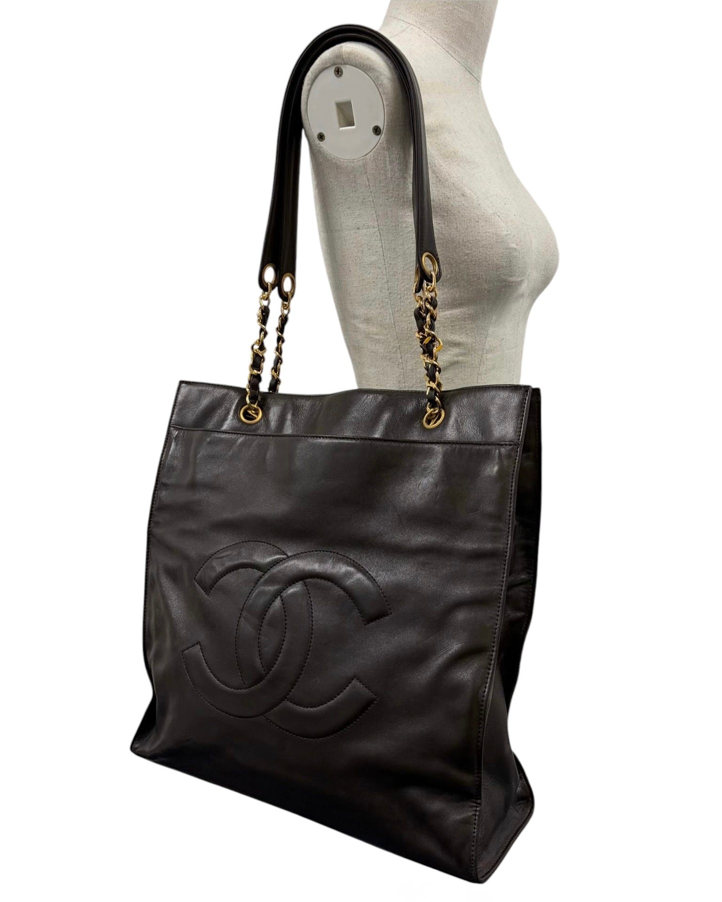 Chanel Vintage 90s Dark Brown Lambskin Timeless CC Large Shoulder Drop Chain Tote Bag