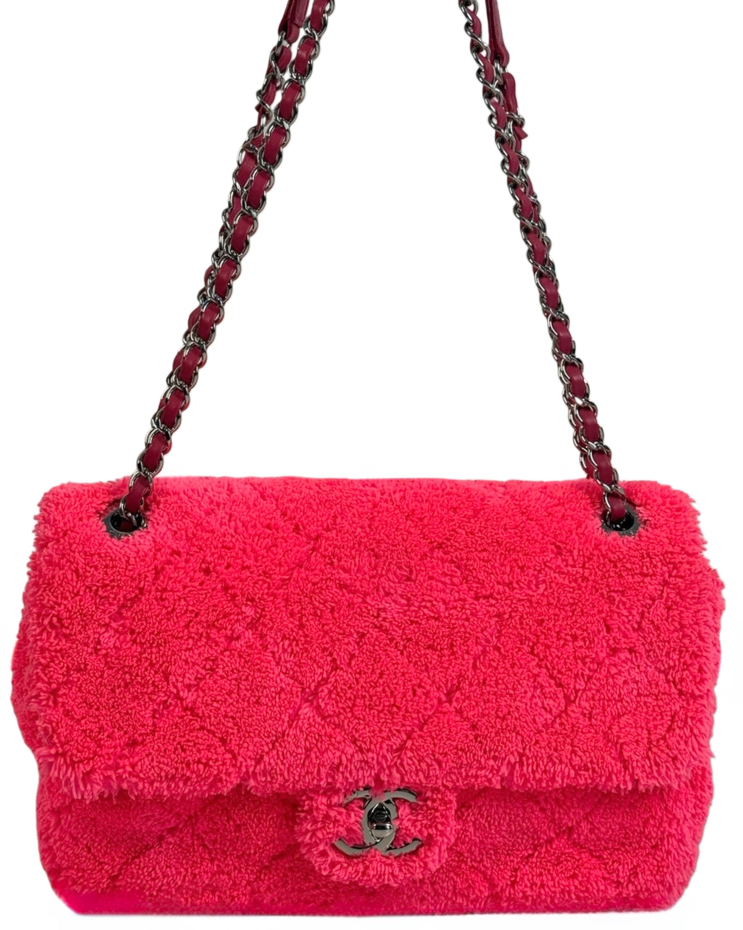 Chanel 2019 Neon Pink Terry Cloth Medium Shoulder Flap Bag
