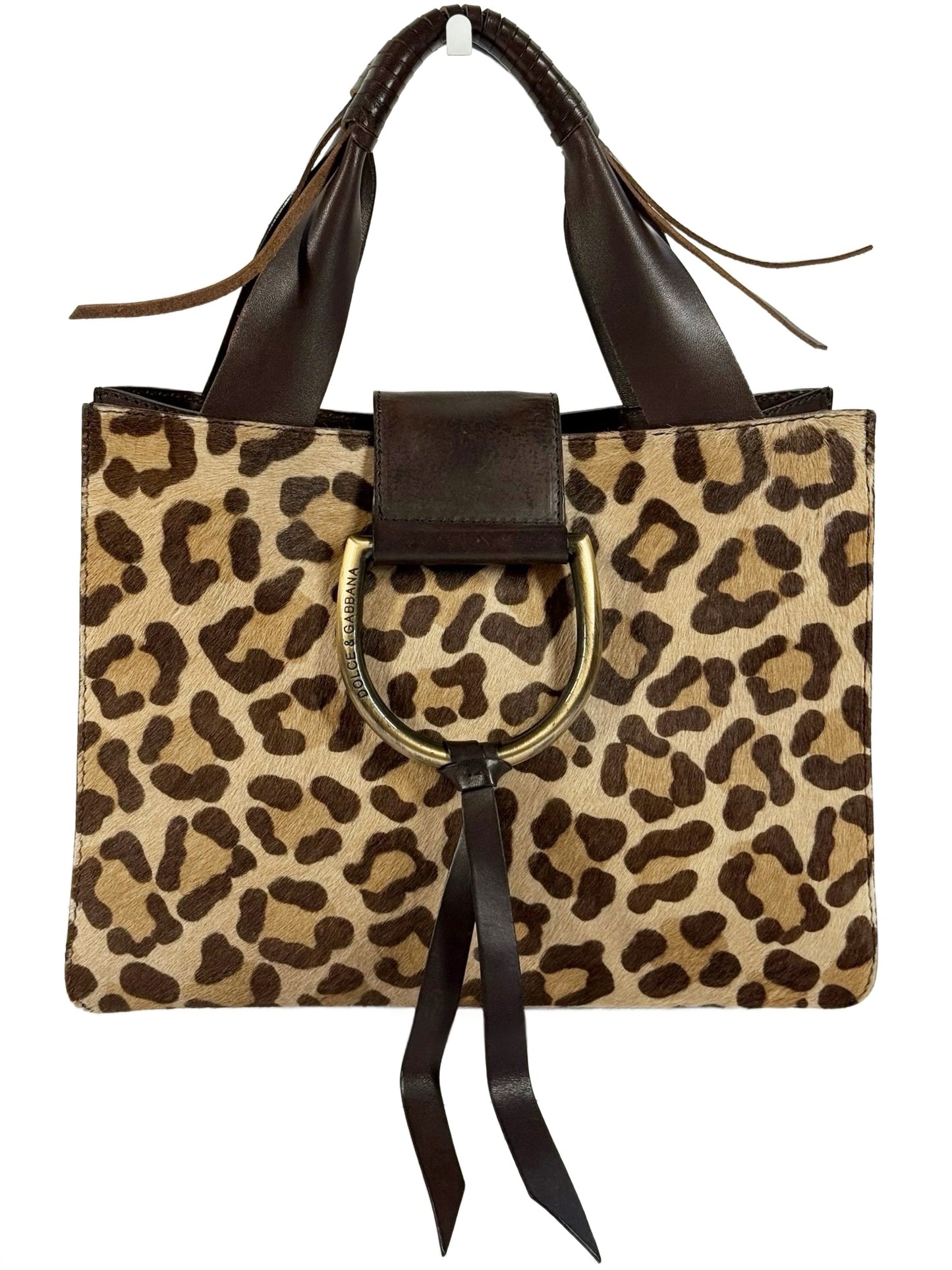 Dolce & Gabbana Leopard Print Pony Hair Brown Leather Trim Small Top Handle Bag