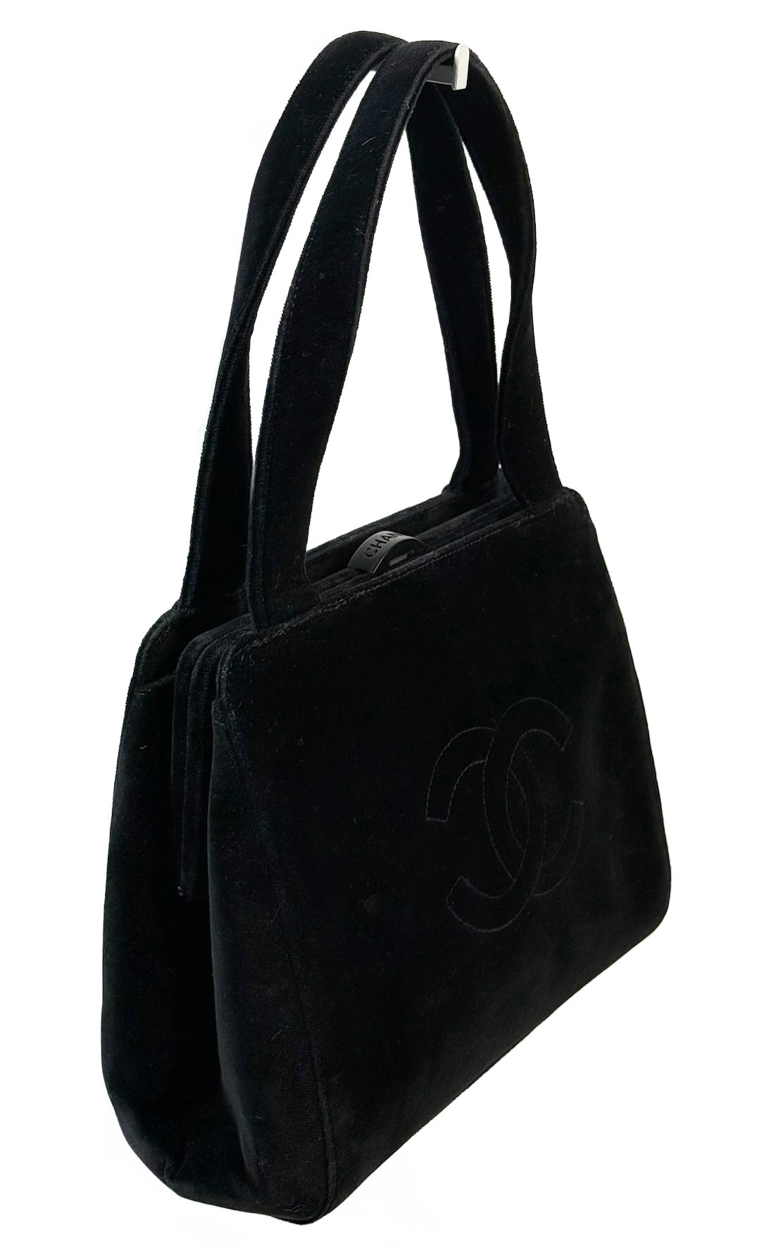 Chanel Vintage 1998 Black Velour Velvet CC Logo Kisslock Top Handle Mini Bag