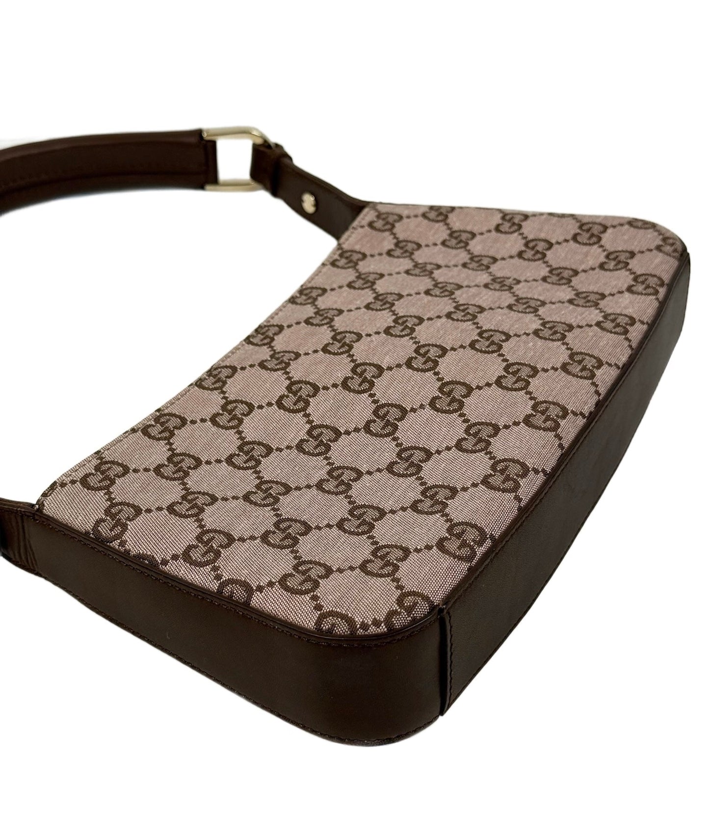 Gucci Vintage Light Brown Satin GG Monogram Leather Trim Shoulder Pochette Bag
