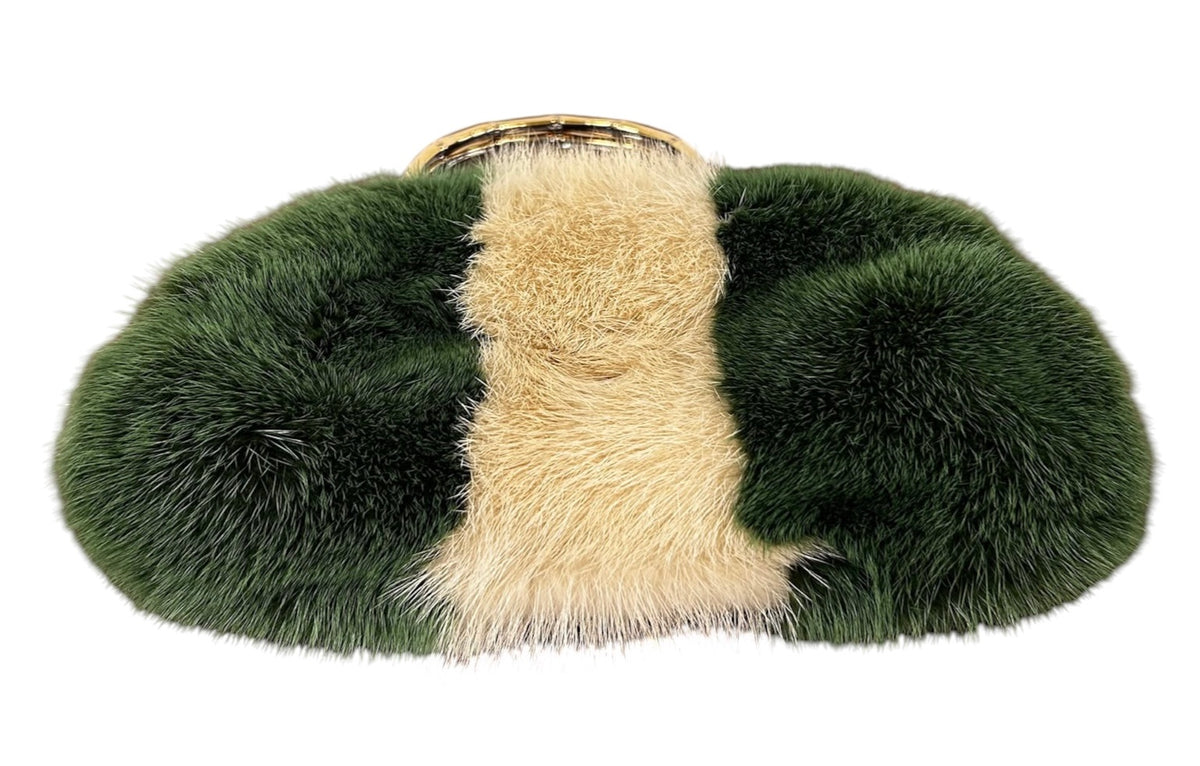 Gucci by Tom Ford Vintage Green & White Mink Fur Metal Bamboo Handle Top Handle Evening Bag