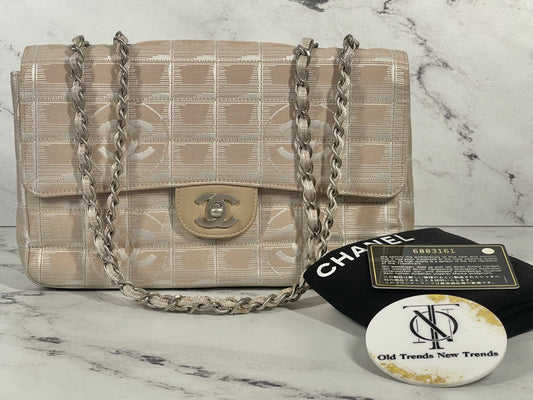 Chanel Vintage Beige Nylon Travel Line Medium Classic Single Flap Bag
