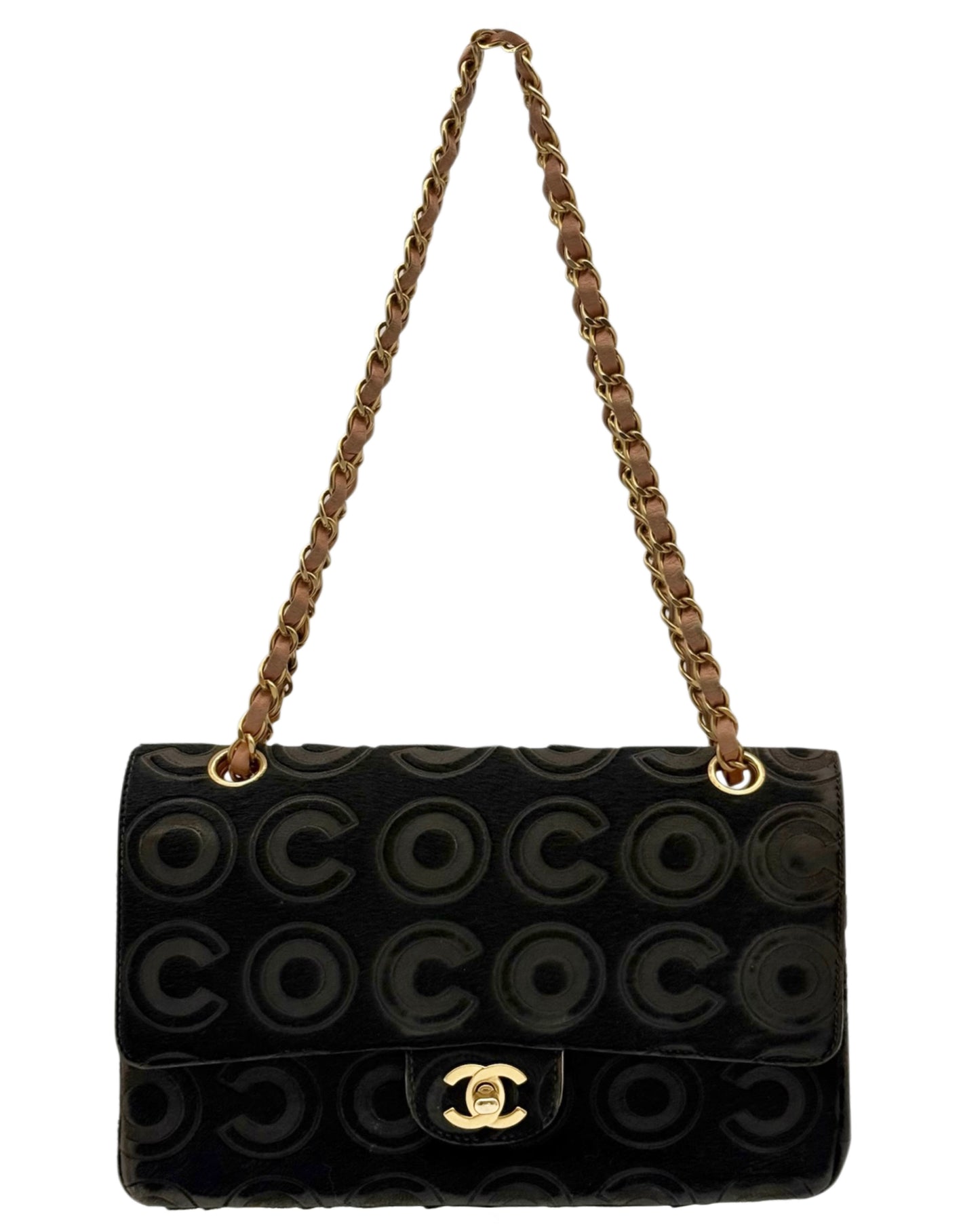 Chanel Vintage 00s Black Pony Hair Coco Embossed Logo Medium Classic Double Flap Bag