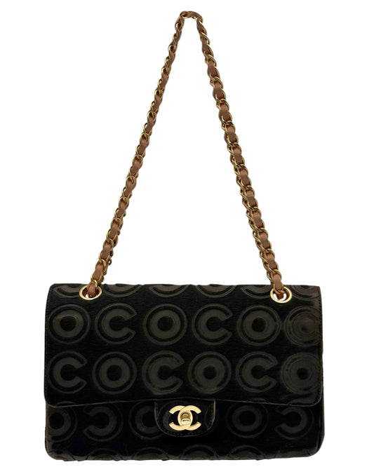 Chanel Vintage 00s Black Pony Hair Coco Embossed Logo Medium Classic Double Flap Bag
