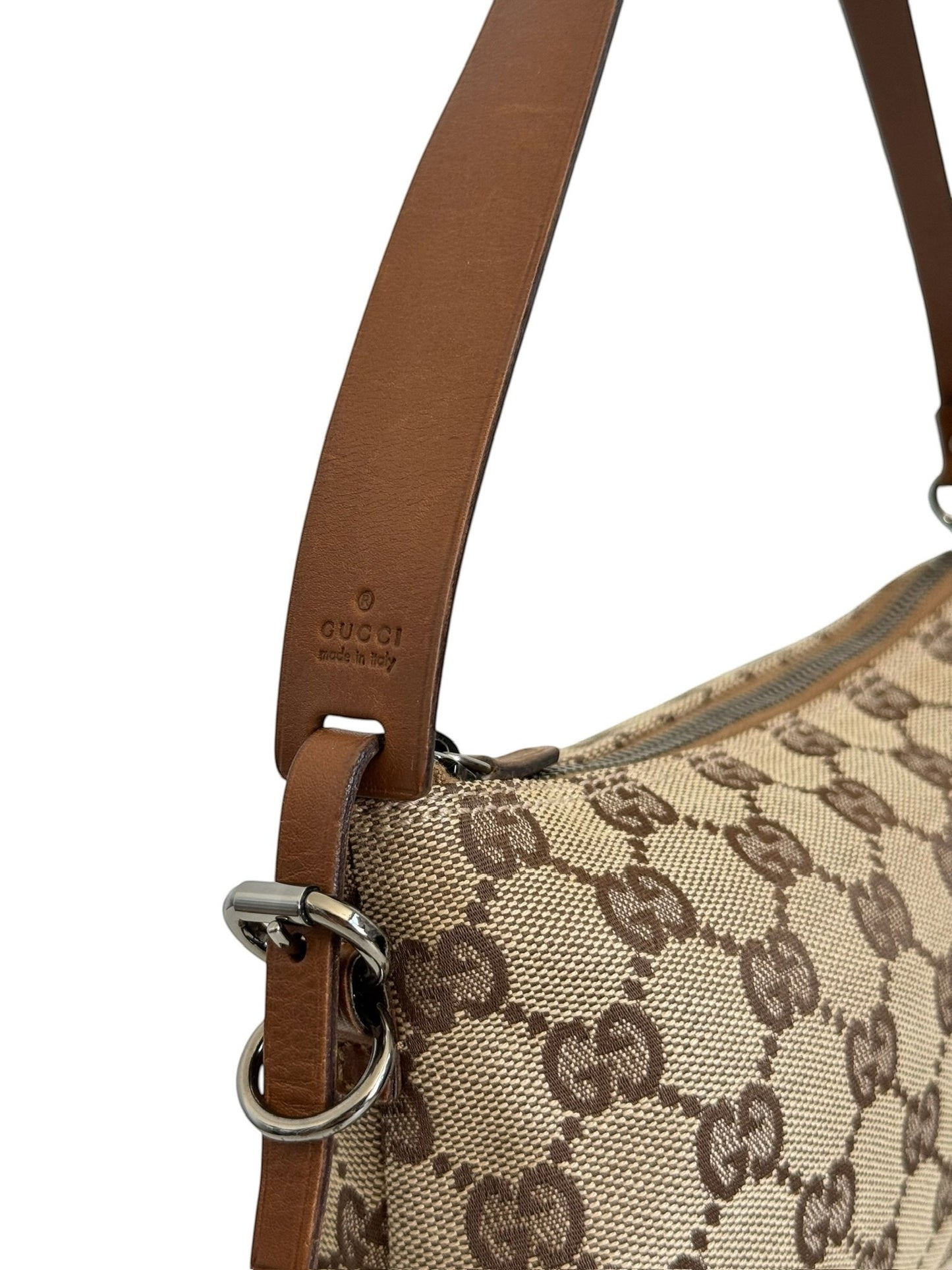 Gucci Vintage Brown GG Monogram Light Brown Leather Trim Small Pochette Bag