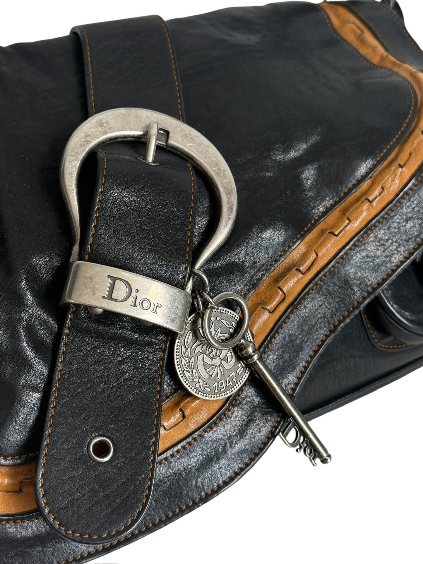 Dior by John Galliano Vintage 2006 Black & Brown Leather Small Gaucho Shoulder Saddle Messenger Bag