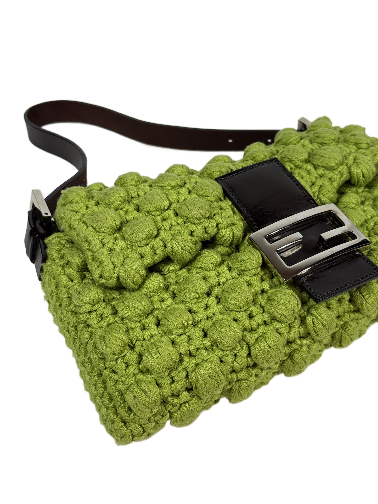 Fendi Vintage Lime Green Crochet Knit Shoulder Baguette Bag