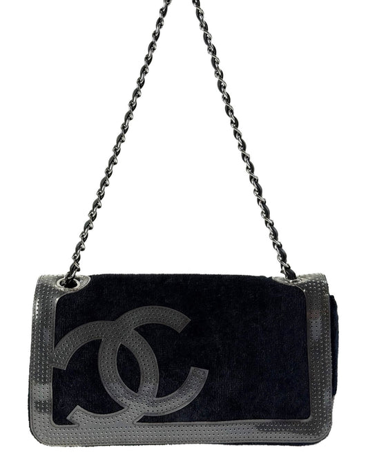Chanel Vintage Black Terry Cloth PVC CC Sport Line Chain Shoulder Flap Bag
