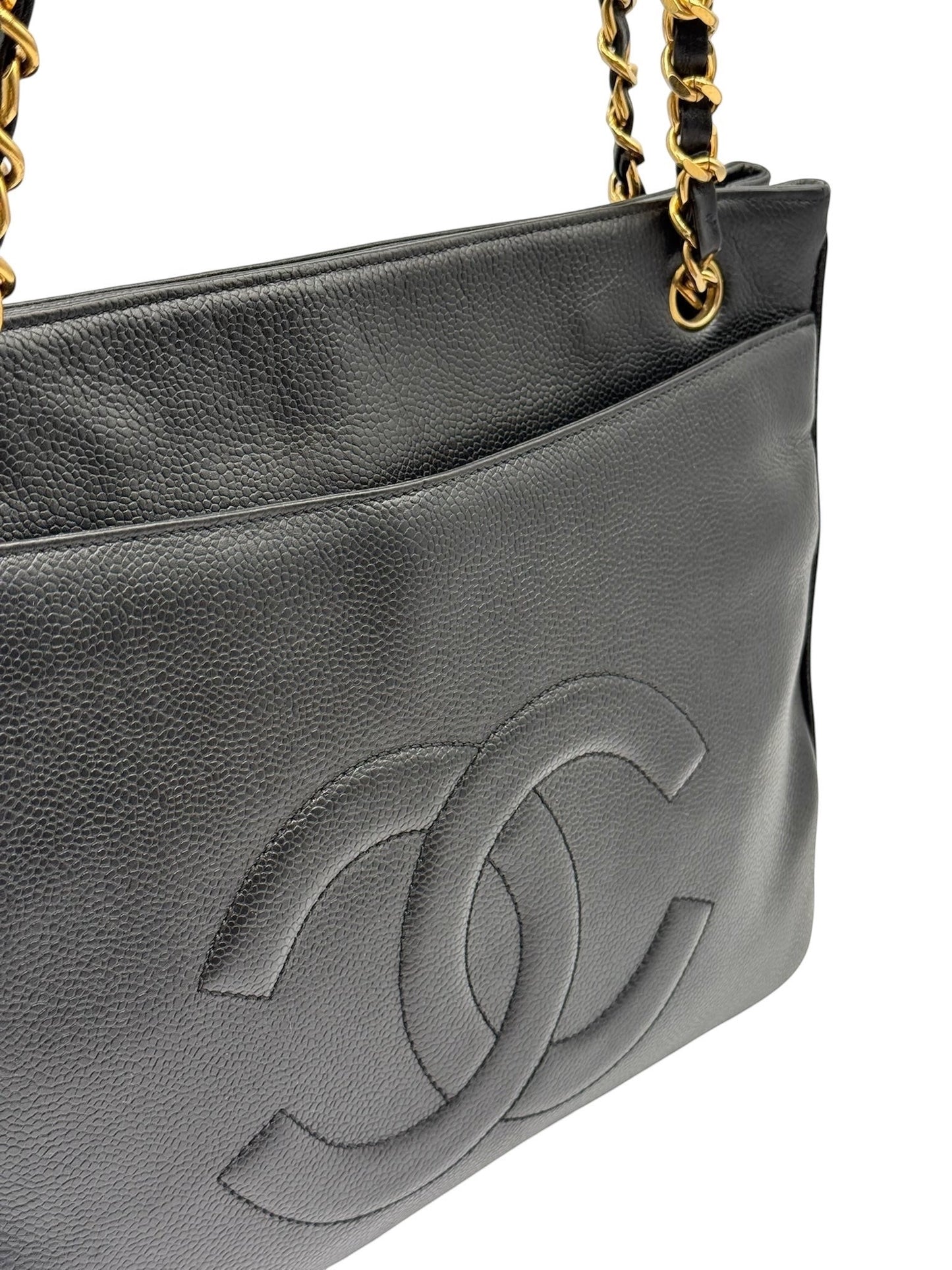 Chanel Vintage Black Caviar CC Logo Small Shoulder Drop Tote - Repainted
