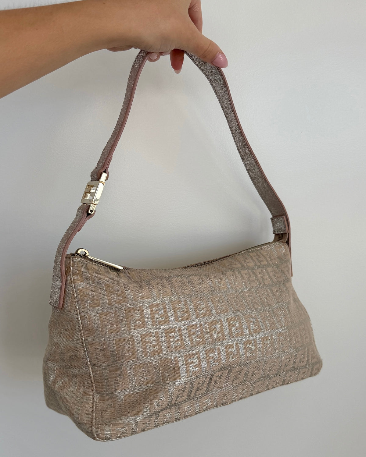 Fendi Vintage Pink Iridescent Metallic Zucchino Zucca Monogram Medium Shoulder Pochette Bag