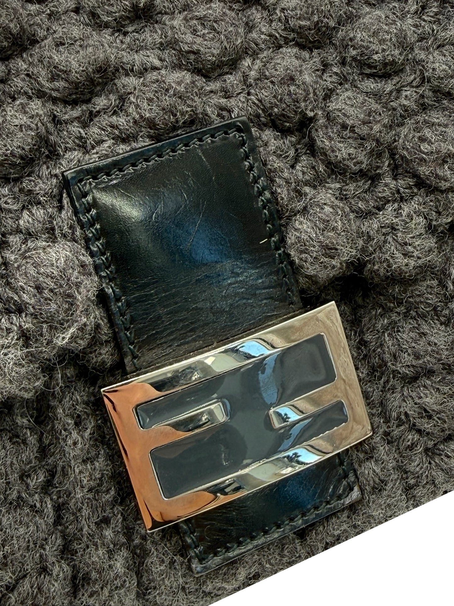 Fendi Vintage Dark Gray Crochet Knit Shoulder Baguette Bag