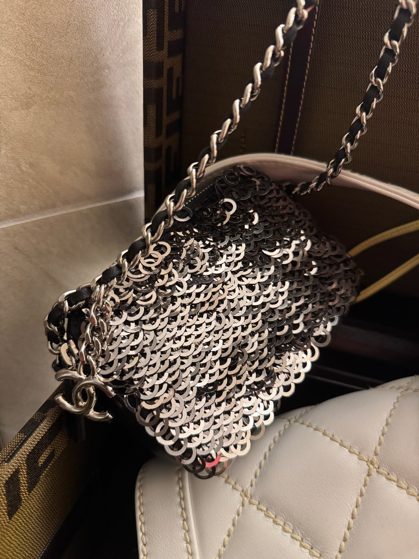 Chanel Silver Sequin & Black Leather Mini Double Zip Chain Shoulder & Crossbody Bag