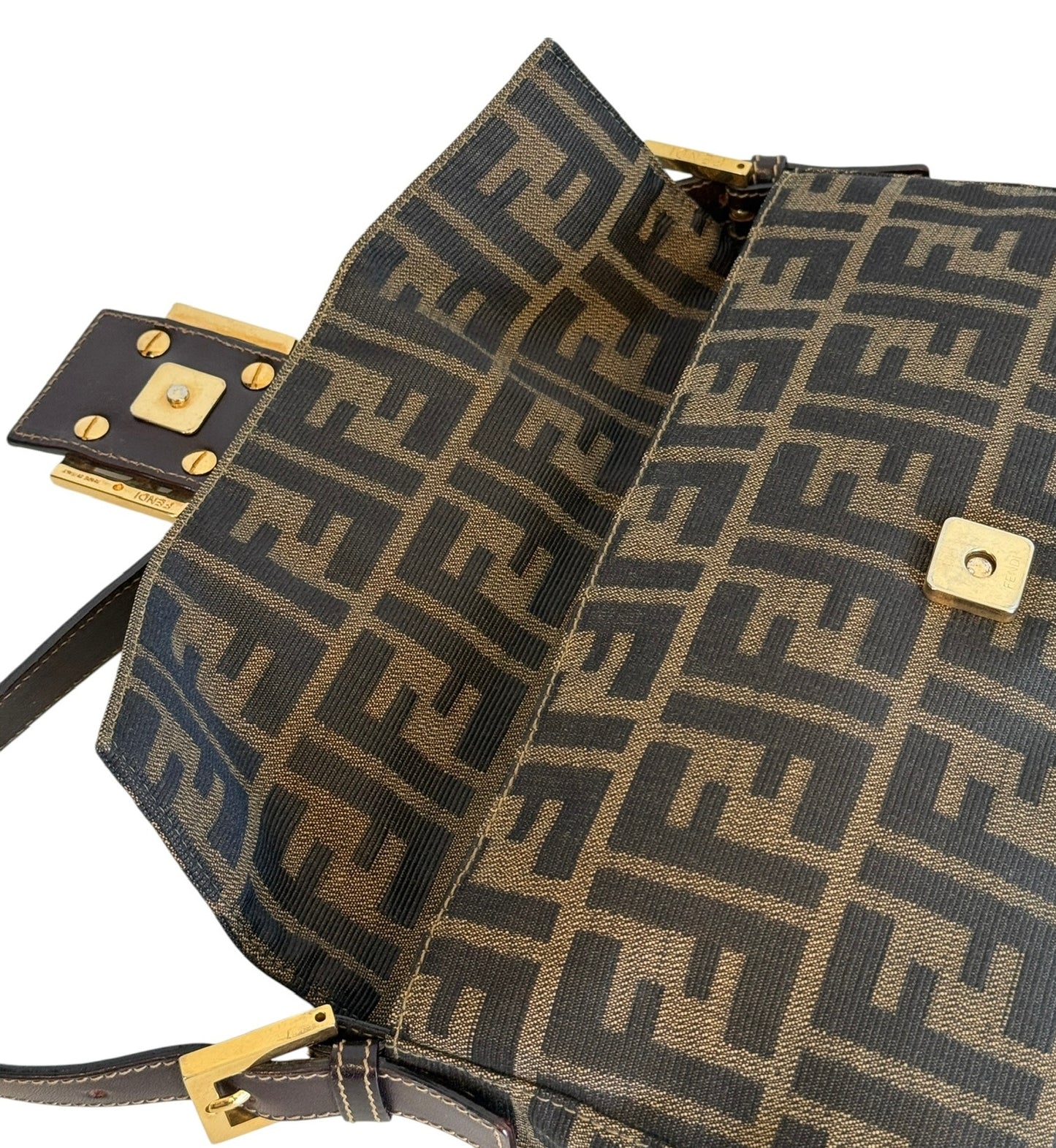 Fendi Vintage Brown Zucca Monogram Classic Shoulder Bag Baguette with Gold Hardware