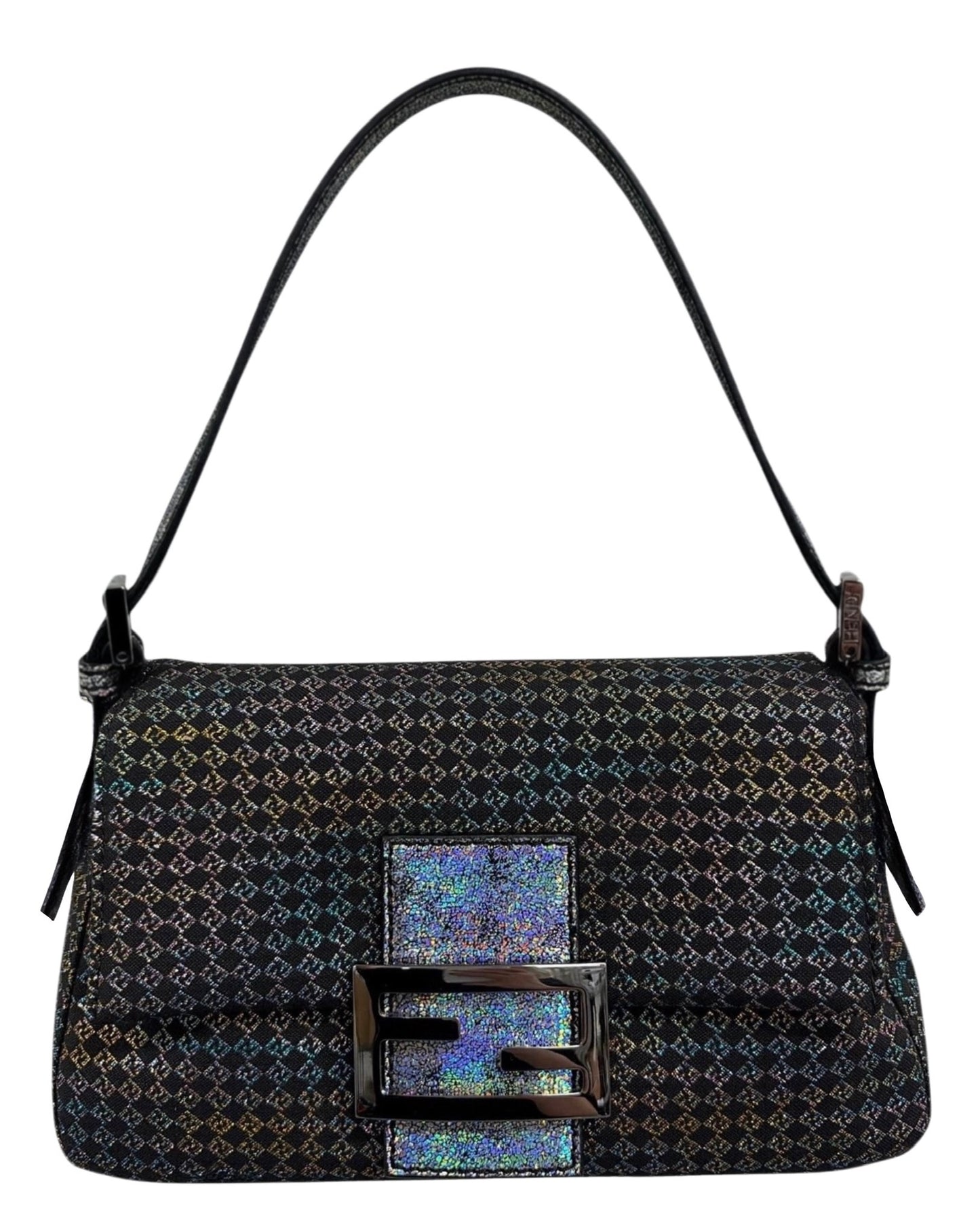 Fendi Vintage Black Iridescent Micro Zucchino Zucca Monogram Mini Mamma Shoulder Baguette Bag