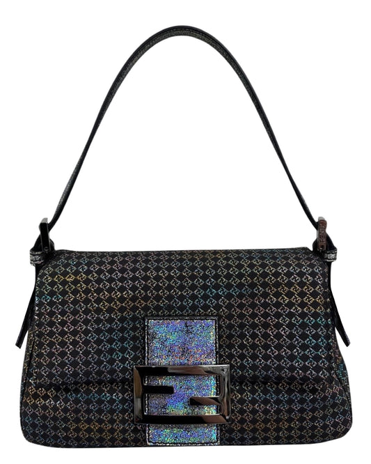 Fendi Vintage Black Iridescent Micro Zucchino Zucca Monogram Mini Mamma Shoulder Baguette Bag