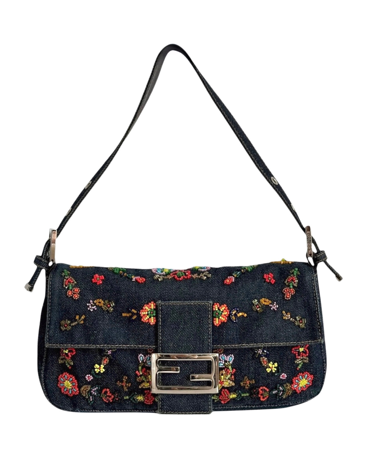 Fendi Vintage Blue Denim Floral Embroidered Beaded Shoulder Baguette Bag