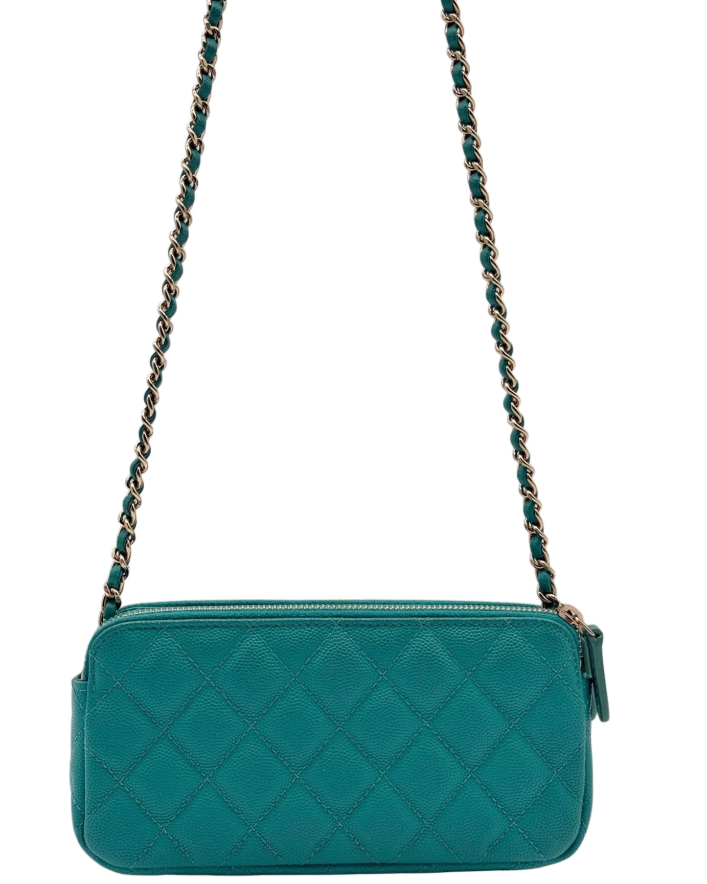 Chanel 2016 Turquoise Green Quilted Caviar Double Zip Wallet on Chain Bag