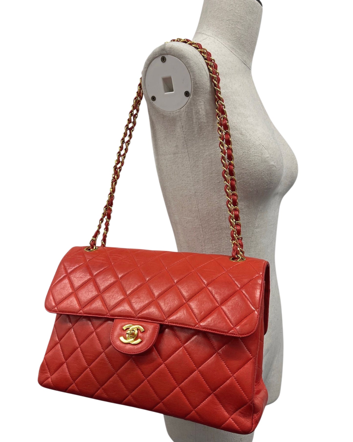 Chanel Vintage 90s Red Quilted Lambskin Maxi Two-Faced Double Sided Classic Flap Bag with 24K GPHW 