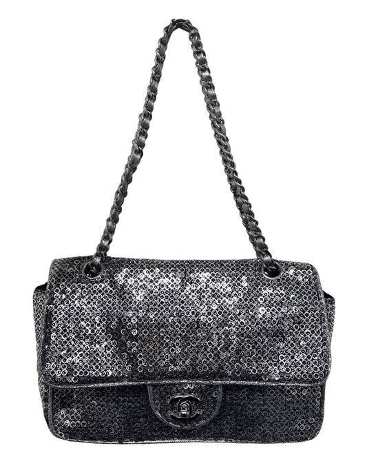 Chanel Vintage 00s Pewter Silver Sequin Medium Classic Single Flap Shoulder Bag