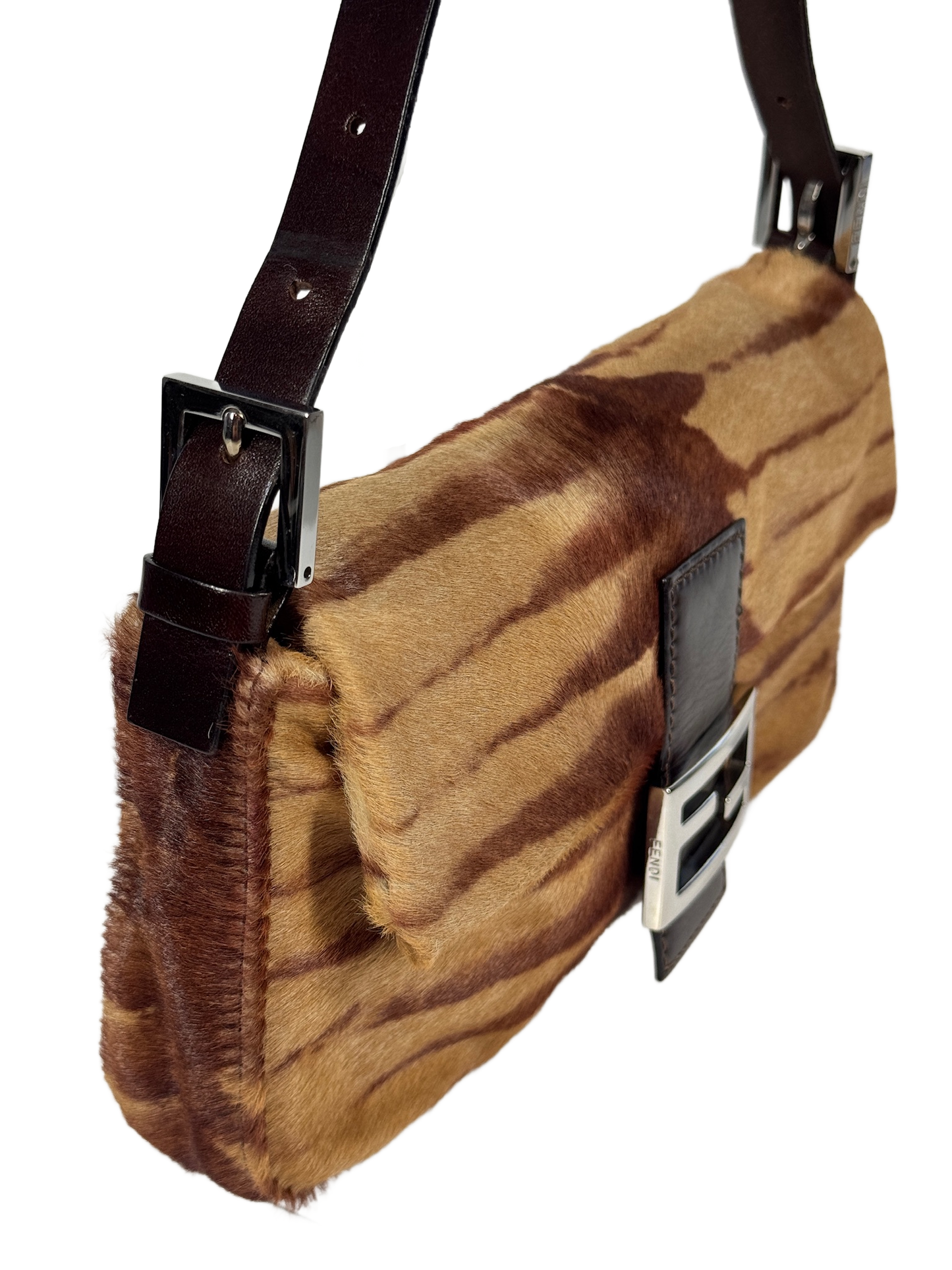 Fendi Vintage Brown Giraffe Print Pony Hair Shoulder Baguette Bag
