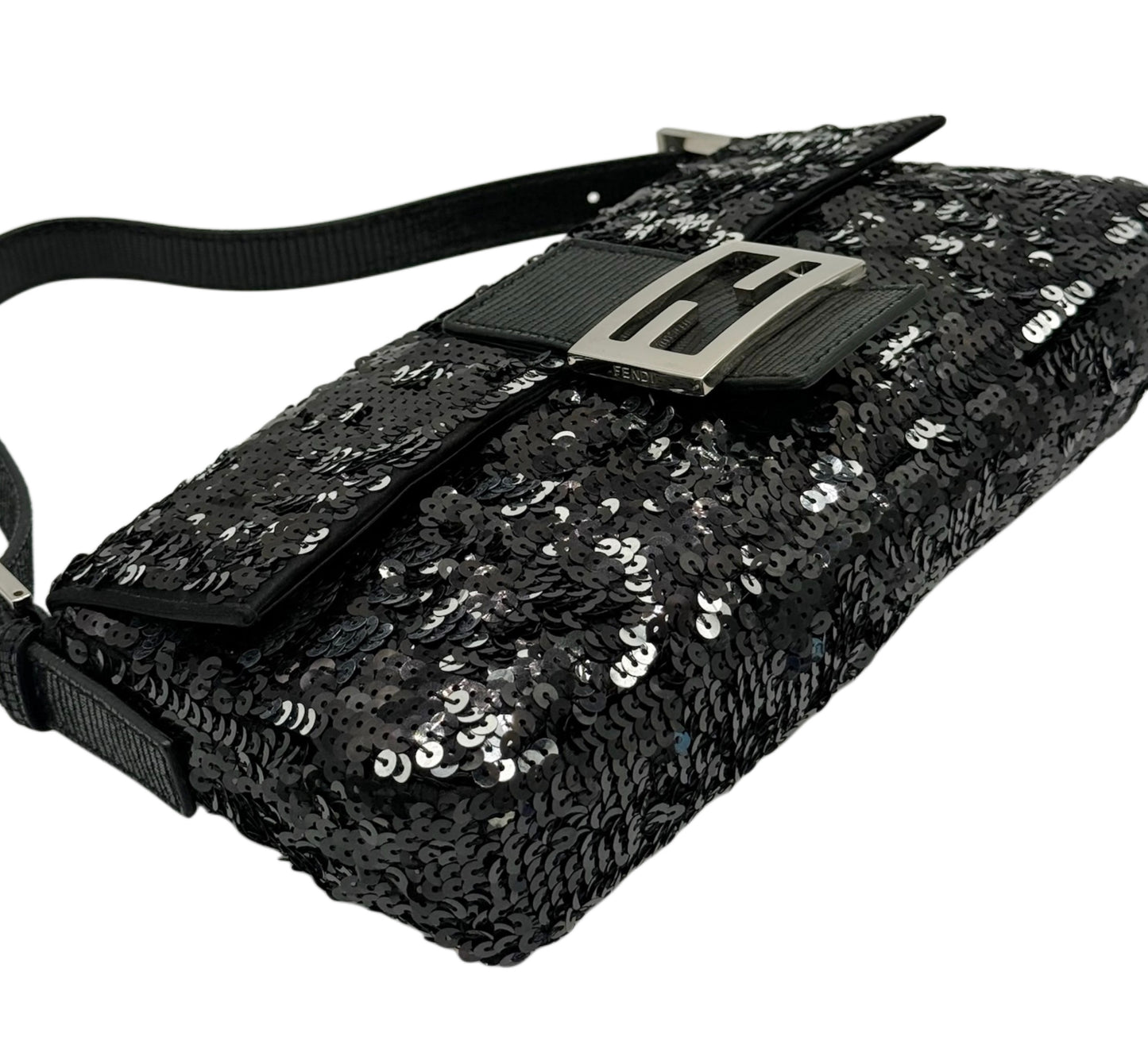 Fendi Vintage Black & Silver Sequin Zucca Monogram Shoulder Baguette Bag w Lizard Trim
