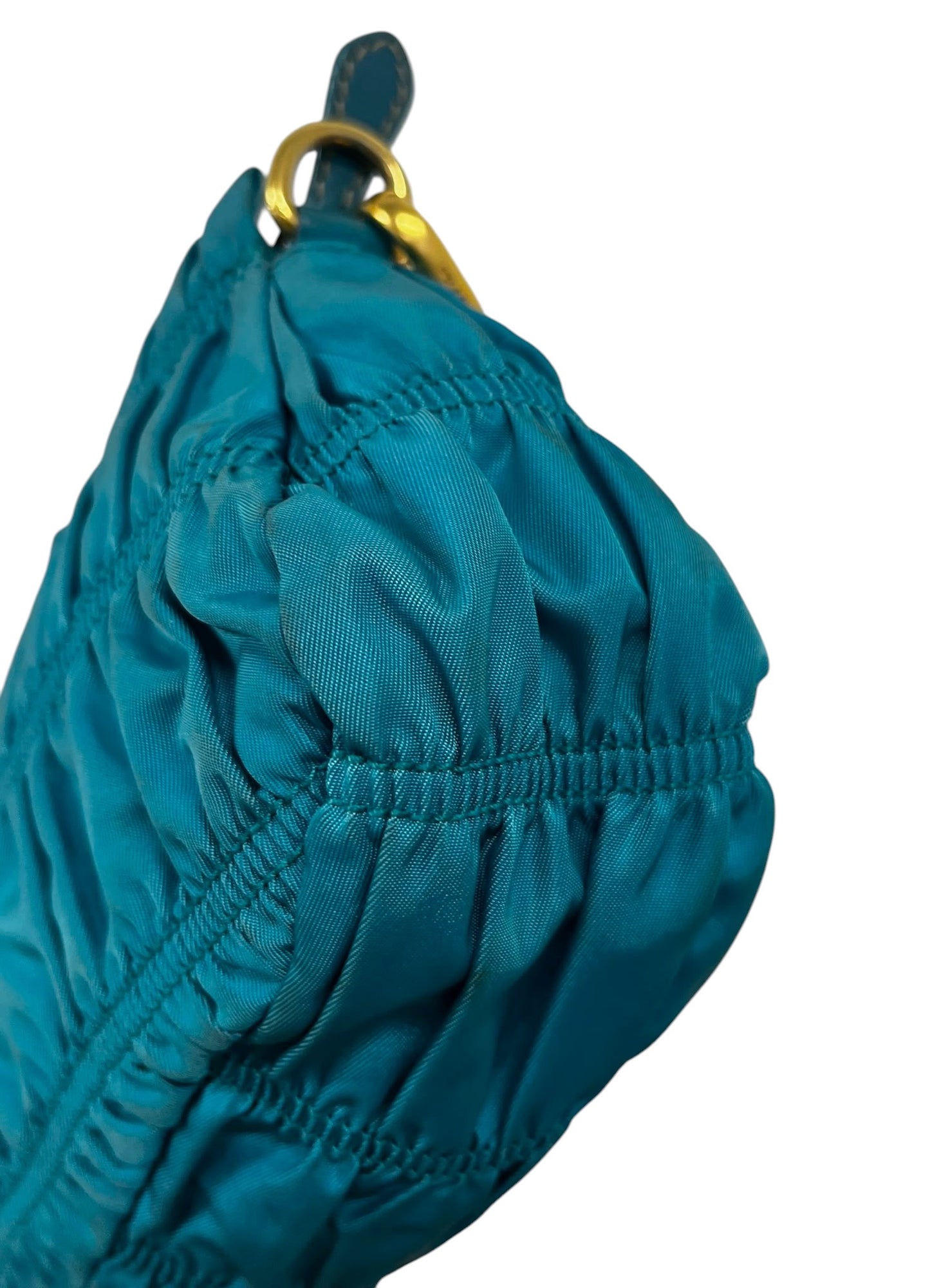 Prada Vintage Turquoise Blue Tessuto Nylon Pleated Ruffle Gaufre Small Pochette Shoulder Bag
