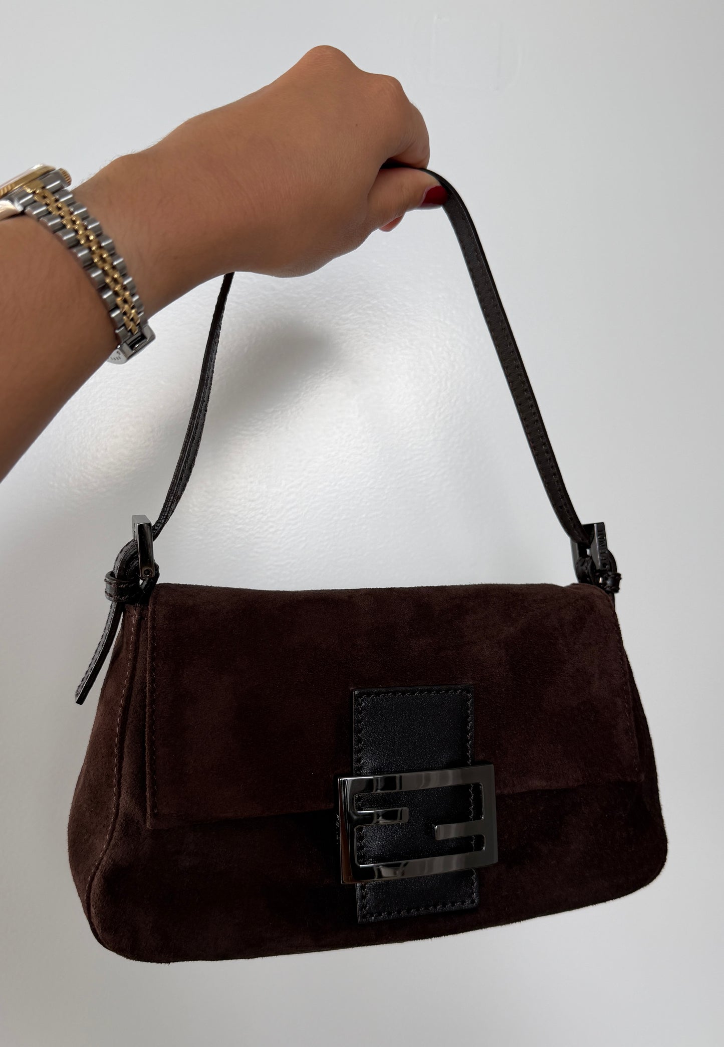 Fendi Vintage Brown Suede Mini Mamma Shoulder Baguette Bag