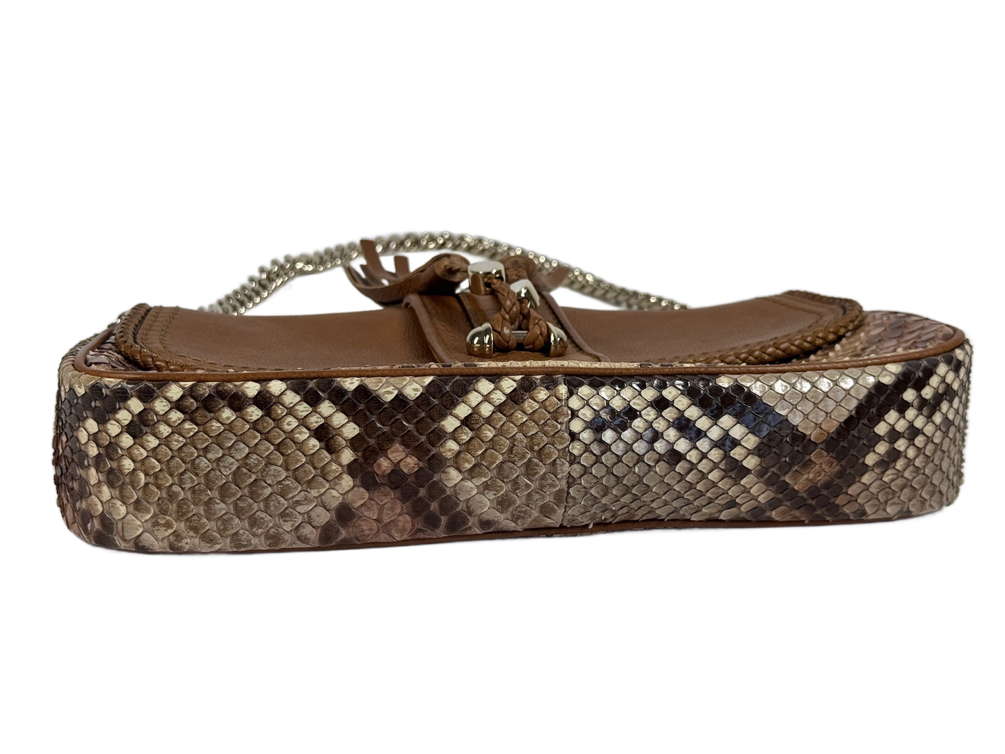 Gucci Vintage Honey Brown Leather Python Snakeskin Marrakech Chain Tassel Shoulder Clutch Pochette Bag