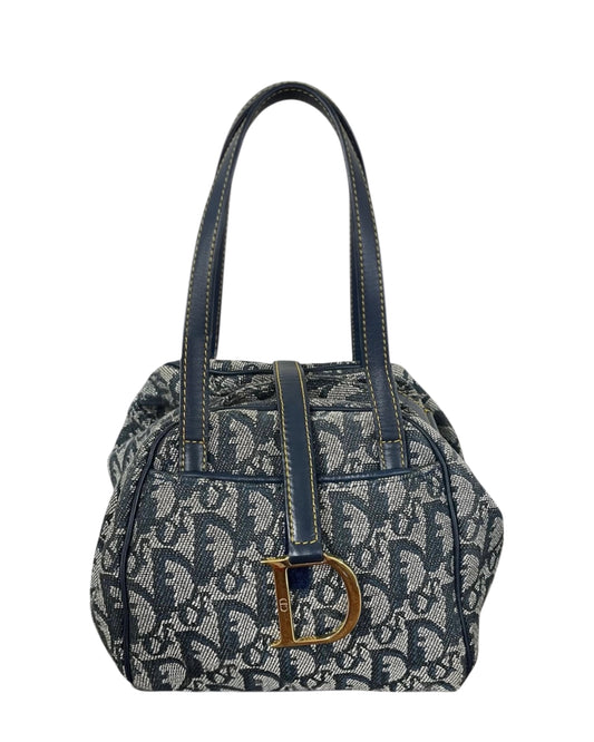 Dior Vintage Navy Blue Trotter Monogram Mini Origami Top Handle Bag