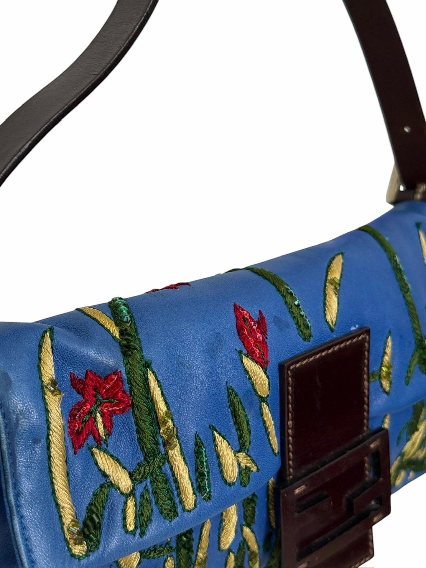 Fendi Vintage Blue Lambskin Floral Embroirdered Beaded Sequin Shoulder Baguette Bag 