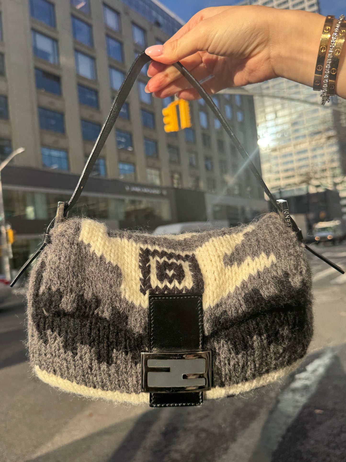 Fendi Vintage Gray Black Ivory Wool Knit Baguette
